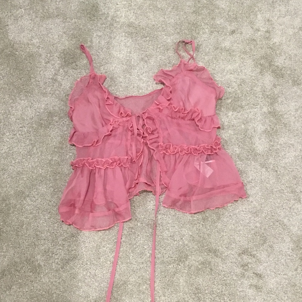 SHEIN Pink Sheer Ruffle Tie-Front Cami